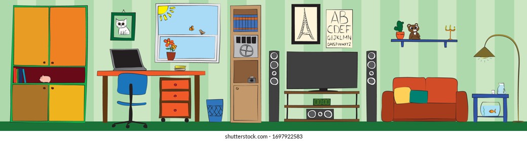 Hand drawn interior of the living room with various objects and furniture (game or cartoon location). Flat outline doodle style.