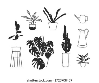 Hand drawn interior objecton white background.Vector Cozy Line Illustration. Creative art work. Doodle drawing home plant