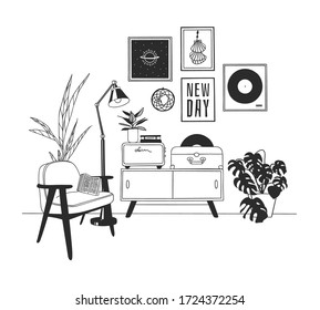 Hand drawn interior objecton white background.Vector Cozy Line Illustration. Creative art work. Doodle drawing room