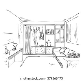 Hand drawn interior room with wardrobe sketch.