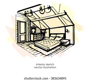 Hand drawn interior sketch. Home design bedroom. Provence style