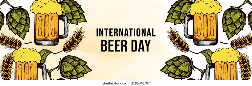 hand drawn international beer day background illustration with glass of beer, hops, and wheat