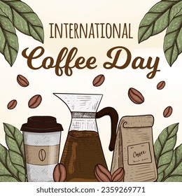 hand drawn International Coffee Day illustration with cup, teapot, and a pack of coffee