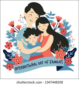 Hand drawn International Family Day / International day of Families with Flower Wreath Love Background - Father Mother Daughter Son Baby  Vector Illustration