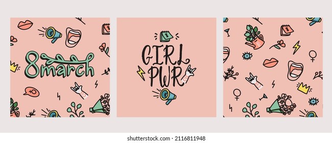 Hand drawn International women's day greeting card. Girl background. 8 march illustrations set.