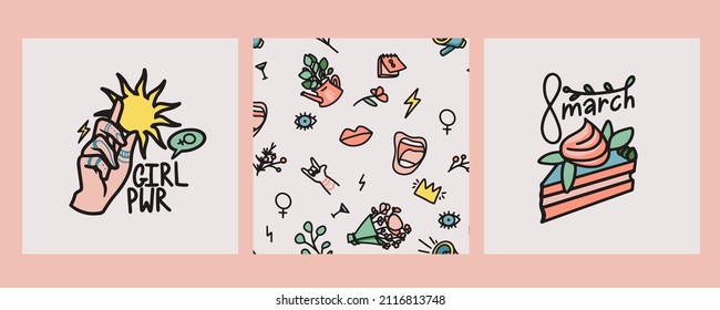 Hand drawn International women's day greeting card. Girl background. 8 march illustrations set.