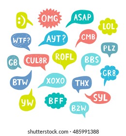 Hand Drawn Internet Acronyms, Abbreviations in Chat Bubbles. Networking and conversation. Vector illustration 