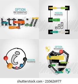 Handgezeichnete Internetkonzepte und Aufkleber mit Optionen. Ungewöhnliche abstrakte Infografik-Sammlung - http, Graphen und Linien, Informationsknöpfe und Schutzschild