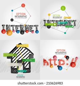 Dibujar a mano conceptos de internet y stickers con opciones. Colección de infografía abstracta inusual - diagrama de palabras en Internet y círculos conectados, icono del hogar con notas pegajosas y http