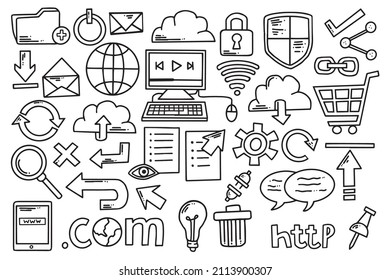 hand drawn internet symbol collection isolated on white background