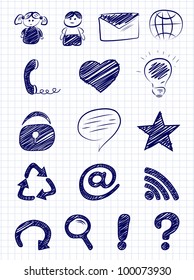 Hand drawn internet and web icons on a paper background