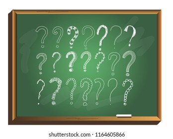 Hand drawn interrogation icons or sketch ask questions isolated on chalkboard. doodle questions marks set. Vector illustration.