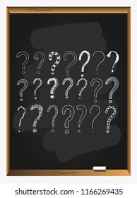 Hand drawn interrogation icons or sketch ask questions isolated on blackboard background. doodle questions marks set. Vector illustration.