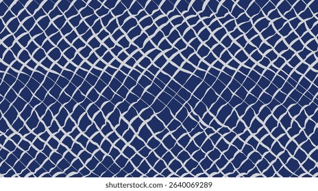 Hand drawn intersection diagonal brush lines abstract distorted wavy mesh pattern, Japanese and ethnic wood carving, loosely woven fabric, net-like texture background in white and blue 