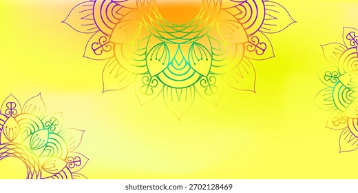 Hand drawn intricate multicolor mandala design on yellow. Vector mandala background for decoration invitation, cards, logos, cover, brochure, flyer, banner