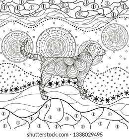 Hand drawn intricate square texture with abstract patterns. Asian background with dog on isolated white. Illustration for coloring. Design for spiritual relaxation for adults