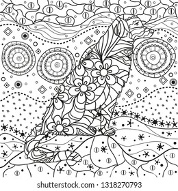 Hand drawn intricate texture with abstract patterns. Asian background with dog on isolated white. Illustration for coloring. Design for spiritual relaxation for adults