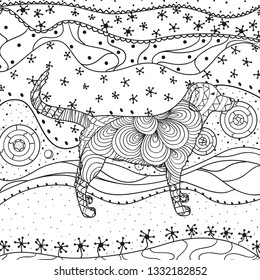 Hand drawn intricate texture with abstract patterns. Asian background with dog on isolated white. Illustration for coloring. Design for spiritual relaxation for adults