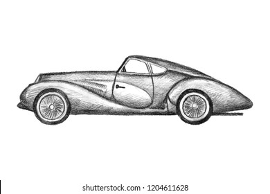 Hand drawn invented retro car. Black pencil drawing on white background. Hardtop, sedan sport car