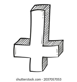Hand drawn inverted cross icon in doodle style isolated.