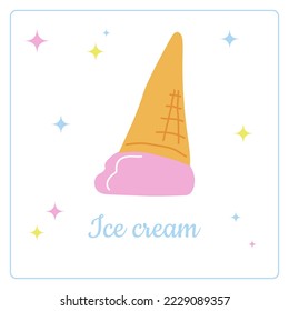 Hand drawn inverted fallen melted ice cream. Doodles. Bright Funny summer greeting card, template for invitations, banners, posters. Simple color icon Food. Vector illustration	