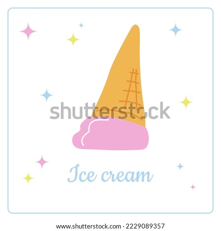 Hand drawn inverted fallen melted ice cream. Doodles. Bright Funny summer greeting card, template for invitations, banners, posters. Simple color icon Food. Vector illustration	