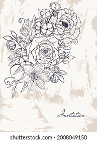 Hand drawn invitation of bouquet flowers, leaves, brush. Peony, rose, lily, cotton elements. Floral vector collection. Decorative composition, illustration for greeting card, wedding invitation