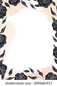 Hand drawn invitation card with flowers and leaves in line art. Brush, drops, lines and strokes of paint. Abstract vector illustration.