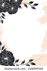 Hand drawn invitation card with flowers and leaves in line art. Brush, drops, lines and strokes of paint. Abstract vector illustration.