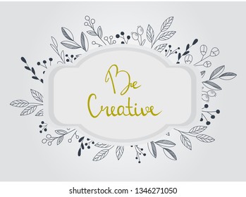 Hand drawn invitation card with lettering. Vector illustration. Beautiful floral wreath.