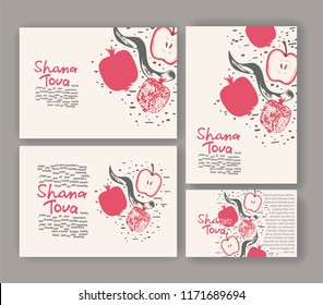 Hand drawn invitation card.Set of postcard. Shana Tova.Rosh hashanah (jewish New Year holiday) concept. Traditional symbols.day of the holy assembly.