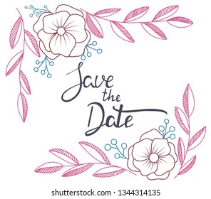 Hand drawn  invitation card. Save the date. Vector illustration. Colorful floral frame.