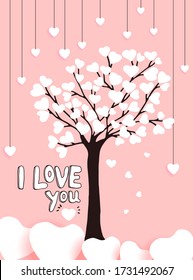 Hand drawn invitation card of tree on which grow hearts and hanging hearts on a thread. Lettering I Love You. Doodle sketch vector for greeting card Birthday, Mothers day, Womens day, Valentines Day