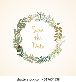Hand drawn invitation card. Vector illustration of retro wreath on light background can be used for invitation, banner template, card, flyer, sale, website, menu, cover