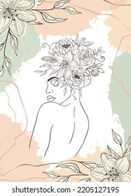 Hand drawn invitation card of woman figure with flowers and leaves in line art. Gentle silhouette young woman, brush, drops and strokes of paint. Portrait abstract face. Vector boho illustration