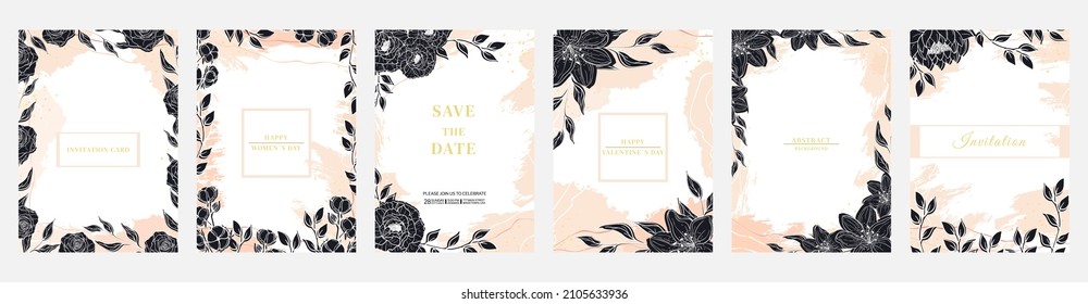 Hand drawn invitation cards with flowers and leaves in line art. Brush, drops, lines and strokes of paint. Abstract vector set illustration.