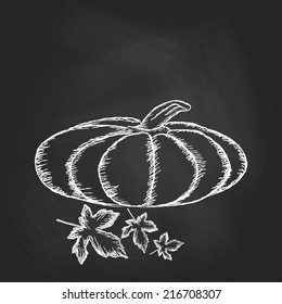 Hand drawn invitation or greeting thanksgiving card template with pumpkins on chalkboard background.