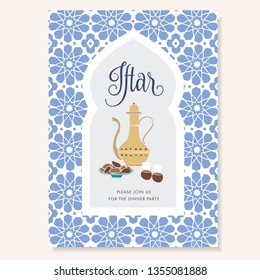 Hand drawn invitation for iftar dinner with teapot, tea cups, date fruit plate. Blue ornamental Moroccan pattern, arabic window. Greeting card for muslim holiday Ramadan Kareem.Vector  background.