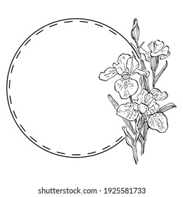Hand drawn iris floral logo, frame, border, promo element.