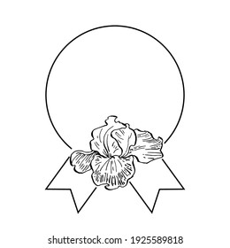 Iris dibujados a mano logo floral, marco, borde, elemento promocional. Plantilla de emblema de marca. Monograma minimalista. Marca comercial elegante rústica o fondo de los logotipos.