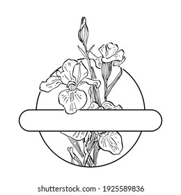 Hand drawn irises floral logo, frame, border, promo element. Brand emblem template. Minimalistic monogram. Rustic elegant trademark or logotypes background.