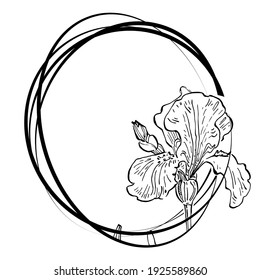 Iris dibujados a mano logo floral, marco, borde, elemento promocional. Plantilla de emblema de marca. Monograma minimalista. Marca comercial elegante rústica o fondo de los logotipos.