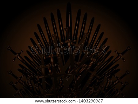 Hand drawn iron throne of the Middle Ages made of antique swords or metal blades. Ceremonial chair built of weapon dark brown background. Beautiful fantasy design element. Thrones Vector illustration