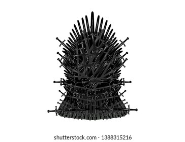 Hand Drawn Iron Throne Of Westeros Made Of Antique Swords Or Metal Blades. Ceremonial Chair Built Of Weapon Isolated On White Background. Beautiful Fantasy Design Element. Thrones Vector Illustration