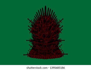 Hand drawn iron throne of Westeros made of antique swords or metal blades. Ceremonial chair built of weapon isolated on green background. Beautiful fantasy design element. Thrones Vector illustration