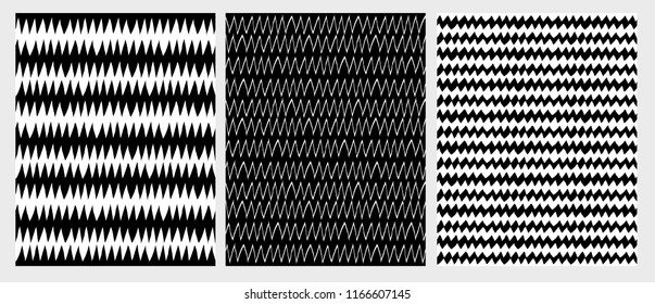 Hand Drawn Irregular Abstract Zig Zag Vector Patterns. Black and White Simple Infantile Chevron Design.  Various Size of Lines. Seamless Graphic. 