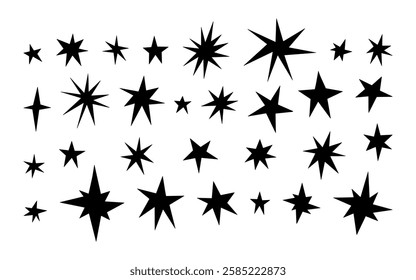 Hand drawn irregular black star vector set on white background. Perfect for logos, prints, stickers, social media, and creative designs. Unique, artistic, and versatile sharp stars and sparkles. 