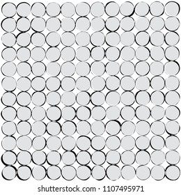 Hand drawn, irregular circles, in tightly fitting grid structure, with outlined edges