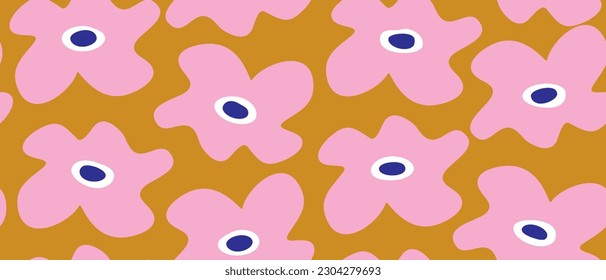Handgezeichnetes, unregelmäßiges, florales, nahtloses Vektormuster. hellrosa Daisy einzeln auf goldenem orangefarbenem Hintergrund. Einfaches abstraktes Gartendesign. Blumenendless Print ideal für Fabric.