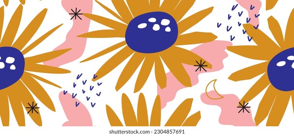 Handgezeichnetes, unregelmäßiges, florales, nahtloses Vektormuster. Große Sonnenblumen einzeln auf weißem Hintergrund. Einfaches abstraktes Gartendesign. Blumenendless Print ideal für Stoff, Umhüllungspapier.